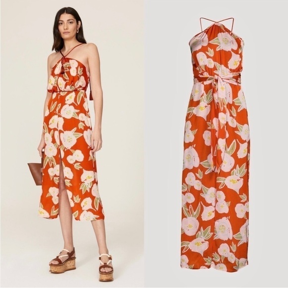 CAROLINA K Floral Satin Sleeveless Halter Neck Tie
Waist Leg Slit Maxi Dress XS - Picture 7 of 8